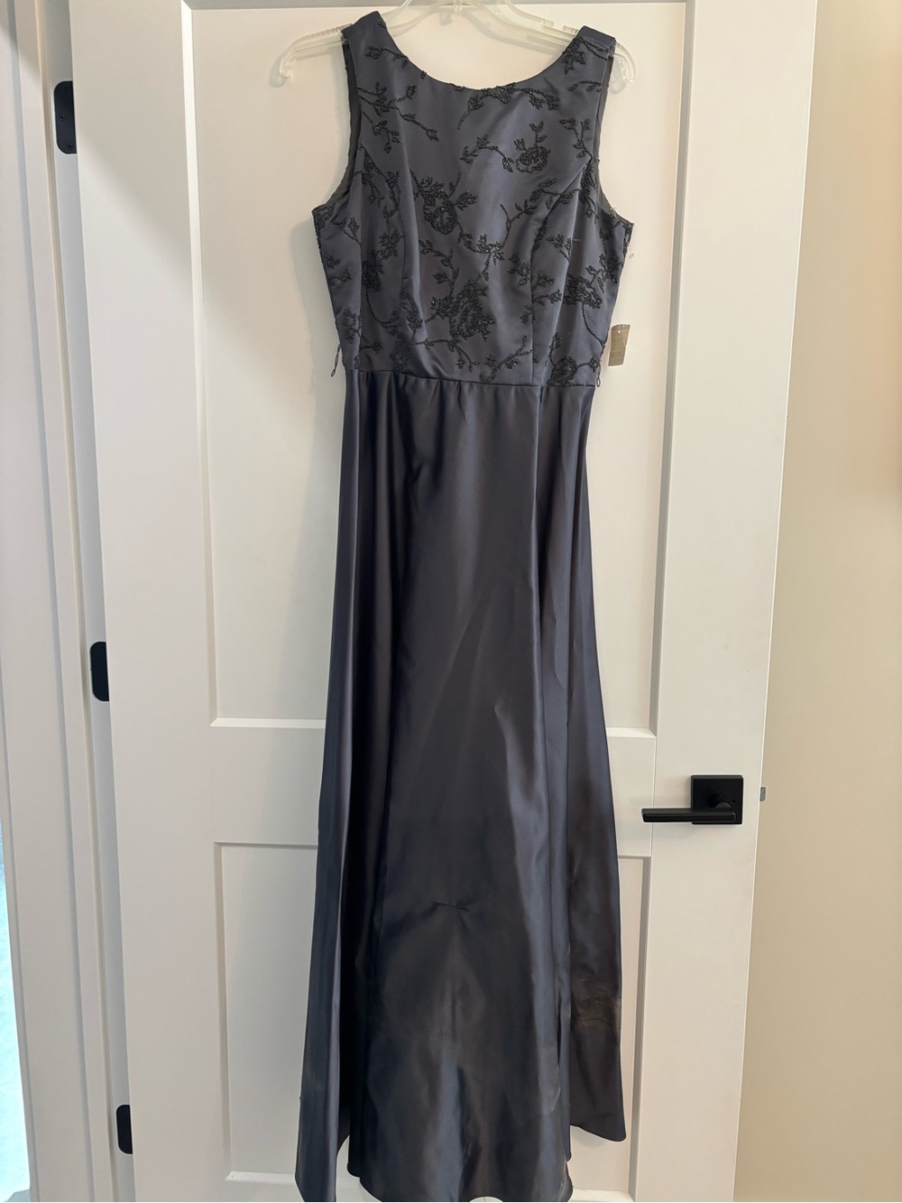 Night Way Collections Dark Gray Floral-Embossed Satin Evening Gown